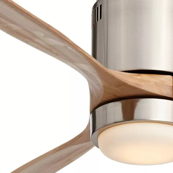 Modern Hugger Indoor Ceiling Fan with Light LED Remote Brushed Nickel Natural Solid Wood Carved Blades