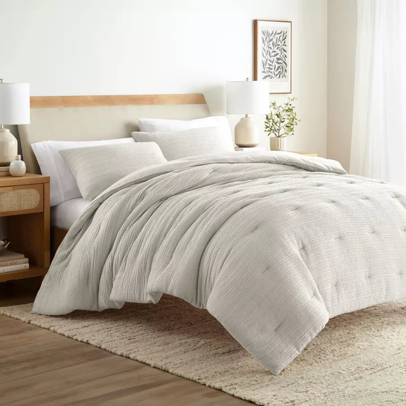 Waffle Textured Comforter Set All Season Down-Alternative Ultra Soft Puffy Bedding - Full/Queen