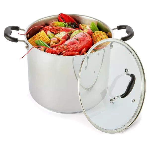 12qt Stock Pot with Lid, Stainless Steel Cookware: Vented Lid, Extra-Deep, Dishwasher & Oven Safe, Silicone Handle
