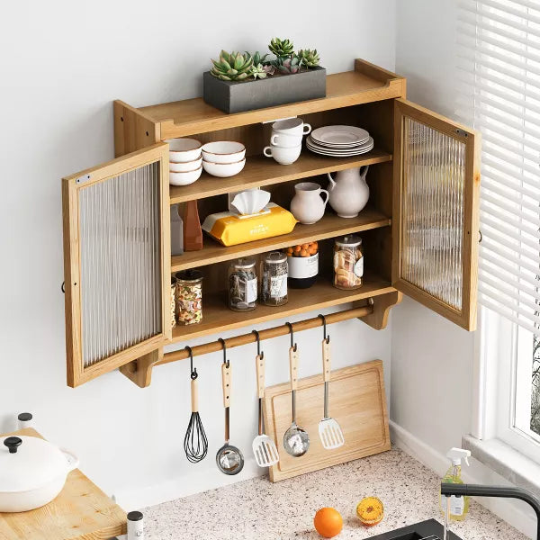 Bathroom Storage Wall Cabinet Double Glass Door 3 Shelf and Towel Rack in Natural