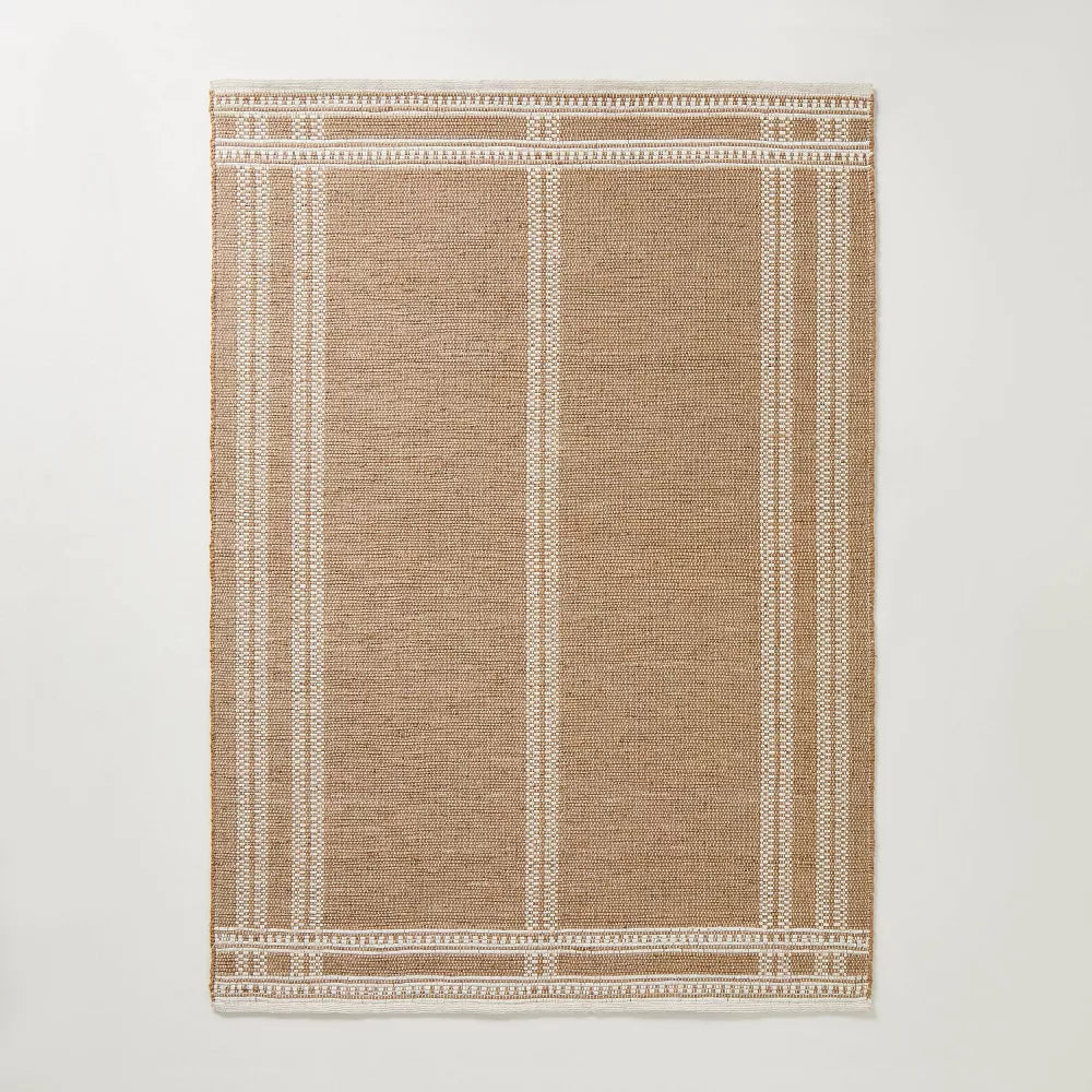 Border Plaid Handmade Jute Woven Area Rug Natural/Cream