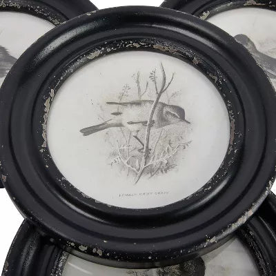 (Set of 4) Round Wood Framed Bird Wall Art Set Black and Ivory