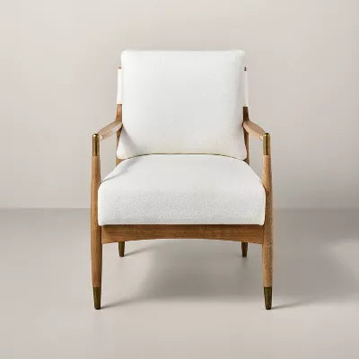 Boucle Upholstered Accent Arm Chair with Brass Details - Natural/Aged Oak