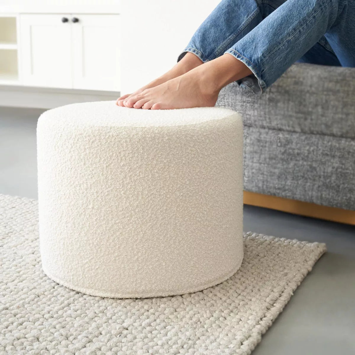 Beautiful Boucle Pouf Ottoman and Foot Rest - White SHOWROOM ITEM