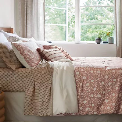 12pc Floral Boho Comforter & Sheets Set Terracotta Pink - King