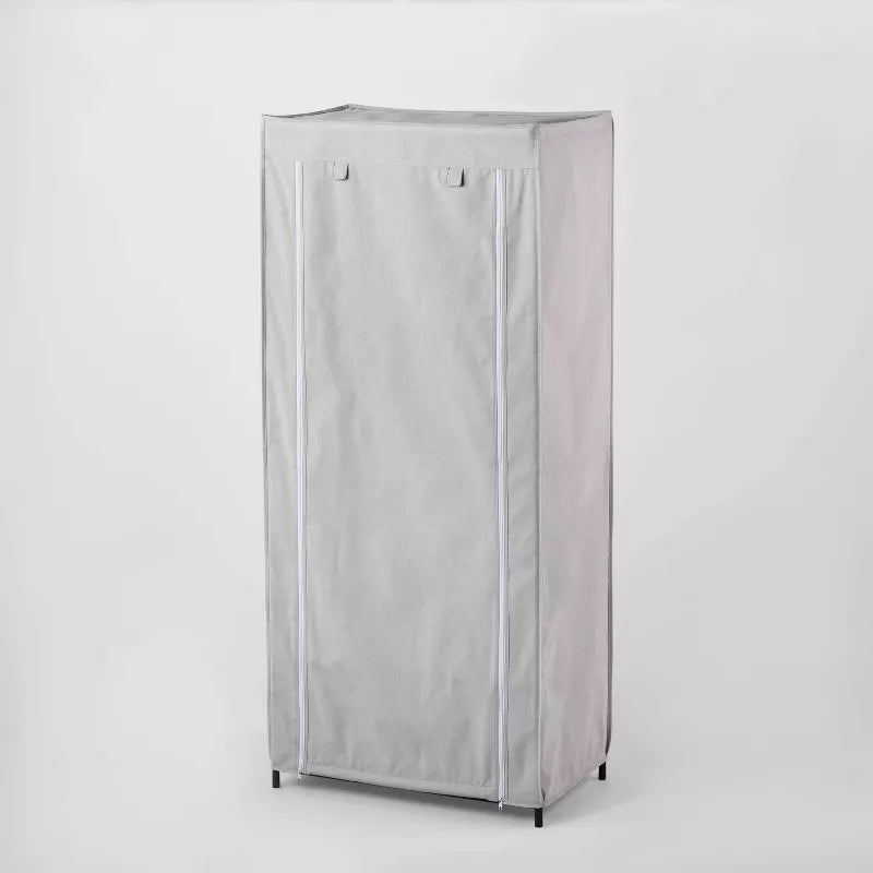 Double Rod Fabric Covered Wardrobe - Steel Frame, 2 Shelves, Gray