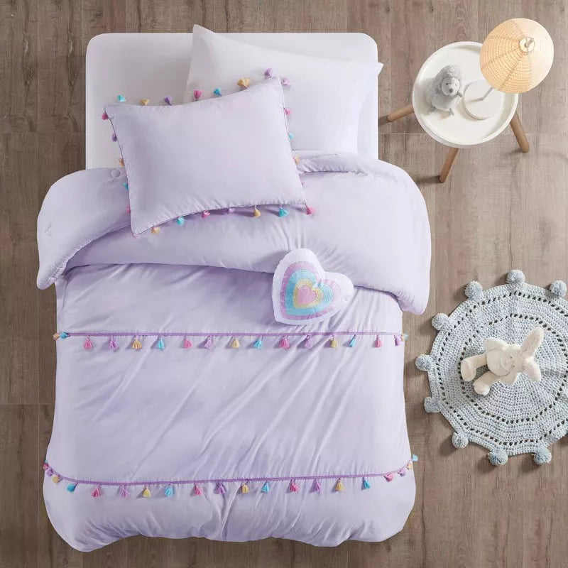 Full/Queen Jamie Tassel Comforter Set with Heart Shaped Throw Pillow Lavender