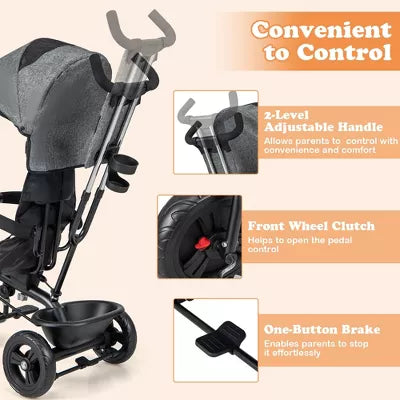 Babyjoy 4-in-1 Multifunctional Tricycle Kids Trike with Removable Canopy & Push Handle - Gray