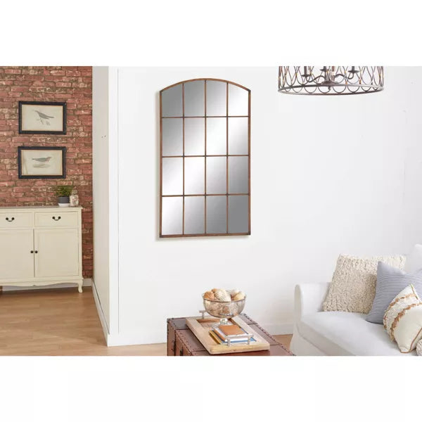 Window Pane Inspired Arched Framed Copper Wall Mirror with Arched Top