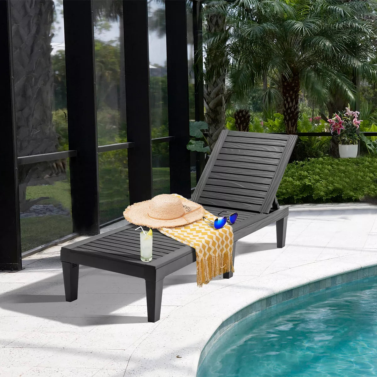 Patio Lounge Chair Chaise Recliner Weather Resistant Adjustable Black