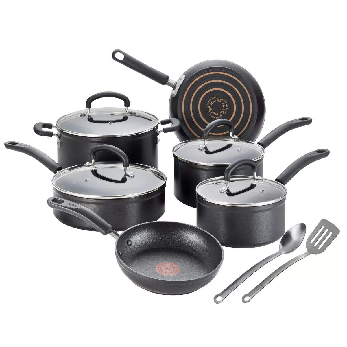 12pc Expert Forged Nonstick Cookware Set Black: Tempered Glass Lids, Stay-Cool Handles, Gas & Electric Compatible