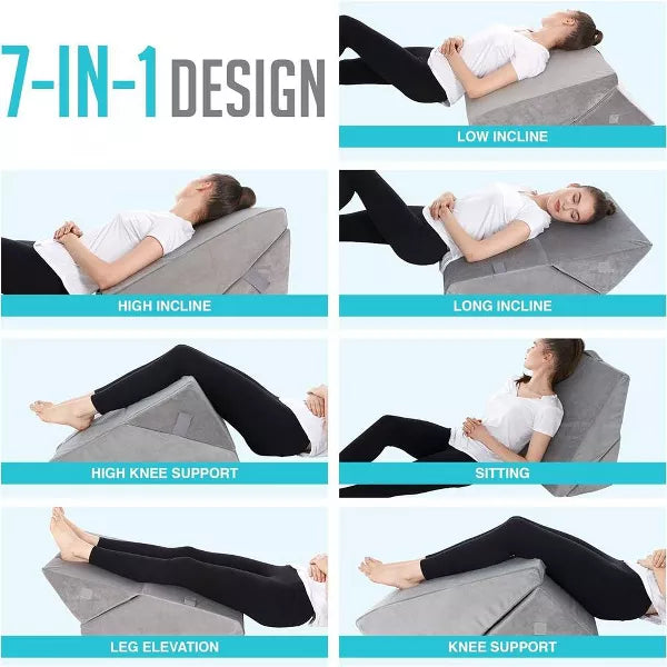 Bed Wedge Pillow - Memory Foam Cushion for Legs and Back Support - Acid Reflux, and GERD – Machine Washable - Grey