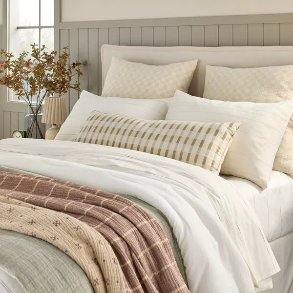 Checkerboard Textured Euro Pillow Beige - Farmhouse Throw Pillow, Cotton, Indoor Use