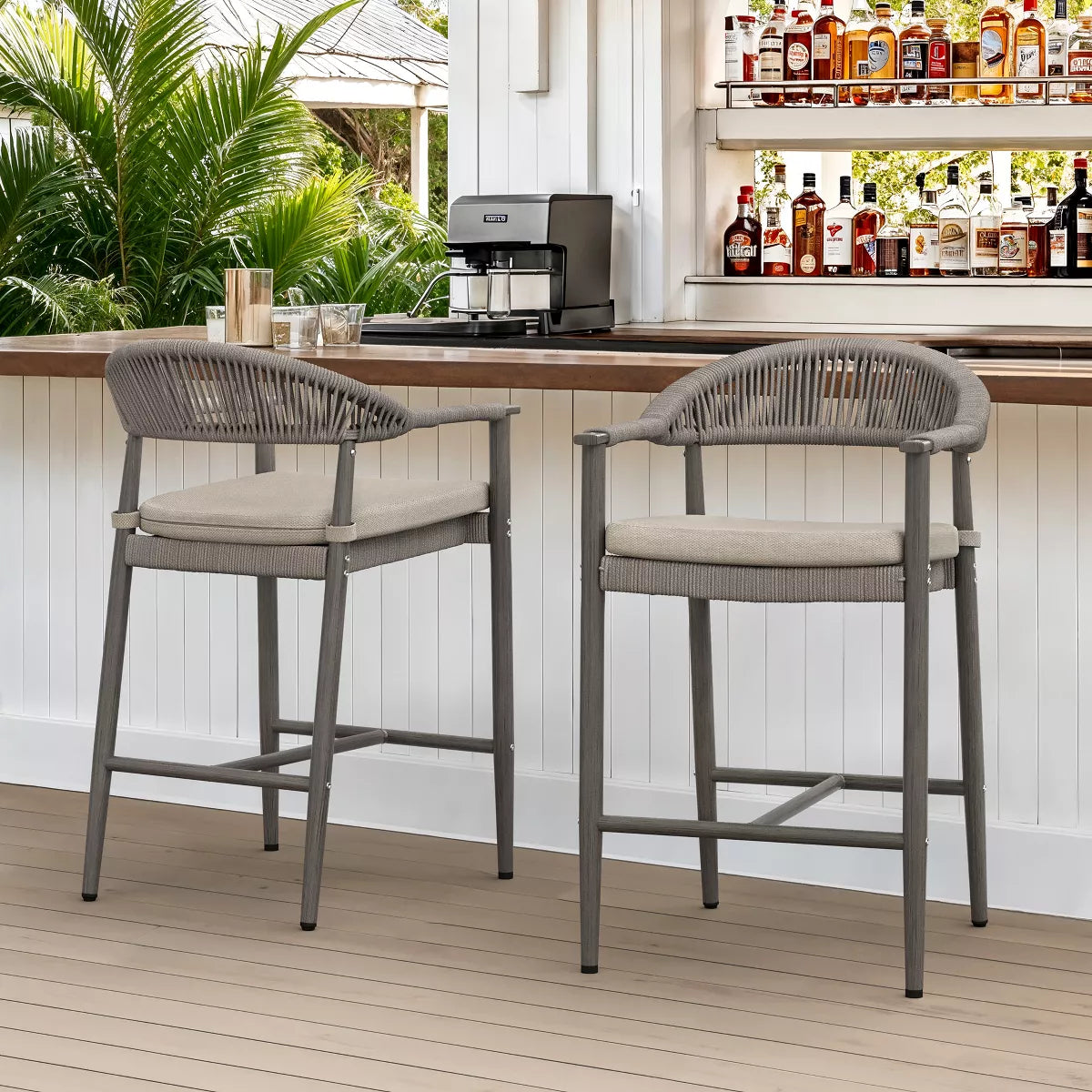 (Set of 4) 24.8'' Olefin Outdoor Rope Woven Bar Chairs with Footrest SHOWROOM ITEM