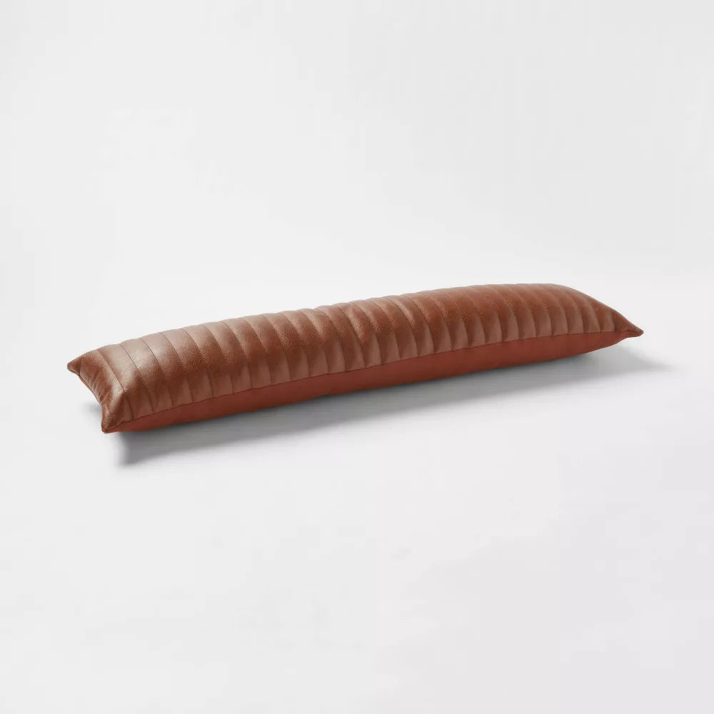 Lumbar Faux Leather Channel Stitch Decorative Throw Pillow
