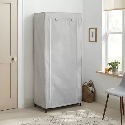 Double Rod Fabric Covered Wardrobe - Steel Frame, 2 Shelves, Gray