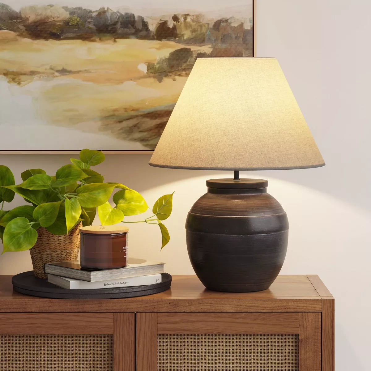 Large Ceramic Table Lamp Black - Embossed Detail