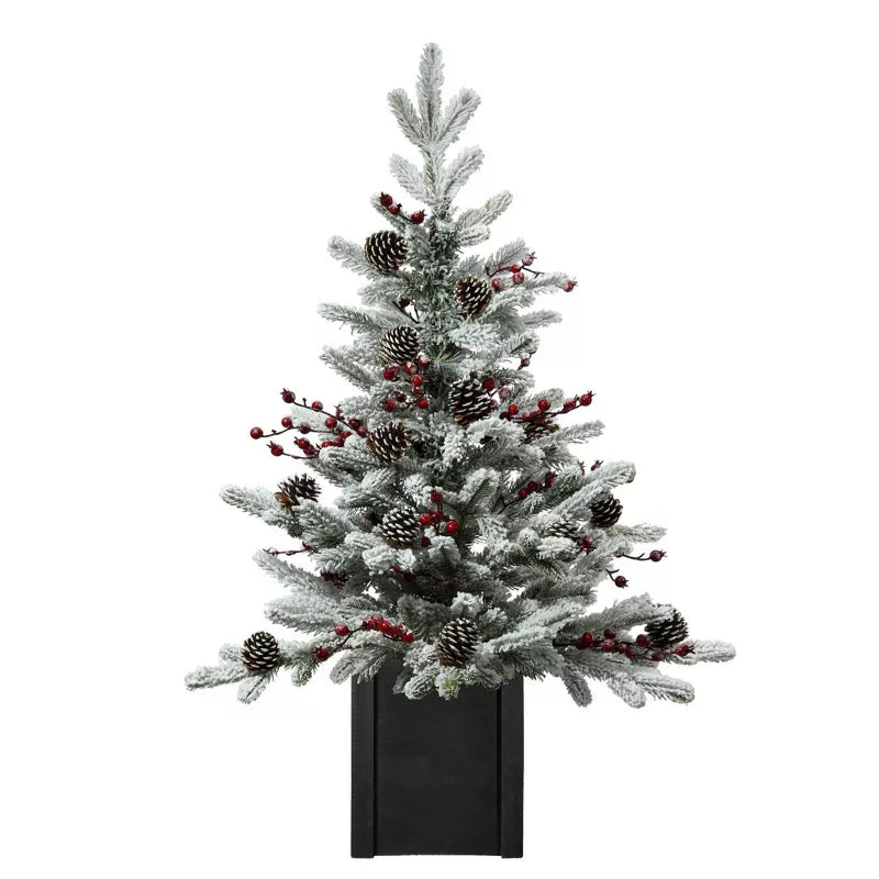 Unlit Flocked Stockhorn Artificial Christmas Tree: Pinecones, Berries, Sheltered Outdoor Use