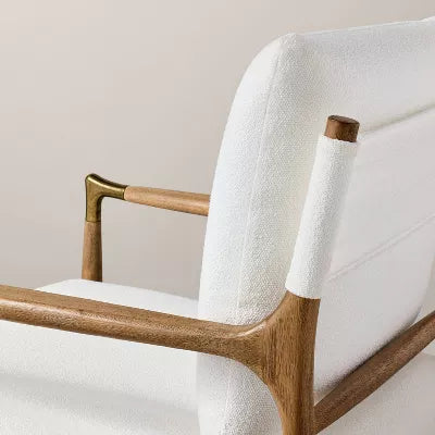 Boucle Upholstered Accent Arm Chair with Brass Details - Natural/Aged Oak