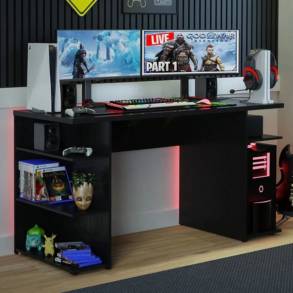 Gaming Computer Desk with 5 Shelves, Cable Management and Large Monitor Stand, Wood, Black