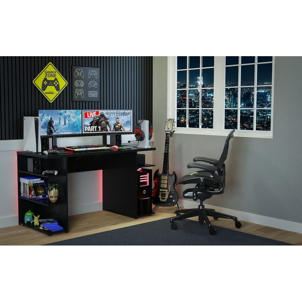 Gaming Computer Desk with 5 Shelves, Cable Management and Large Monitor Stand, Wood, Black