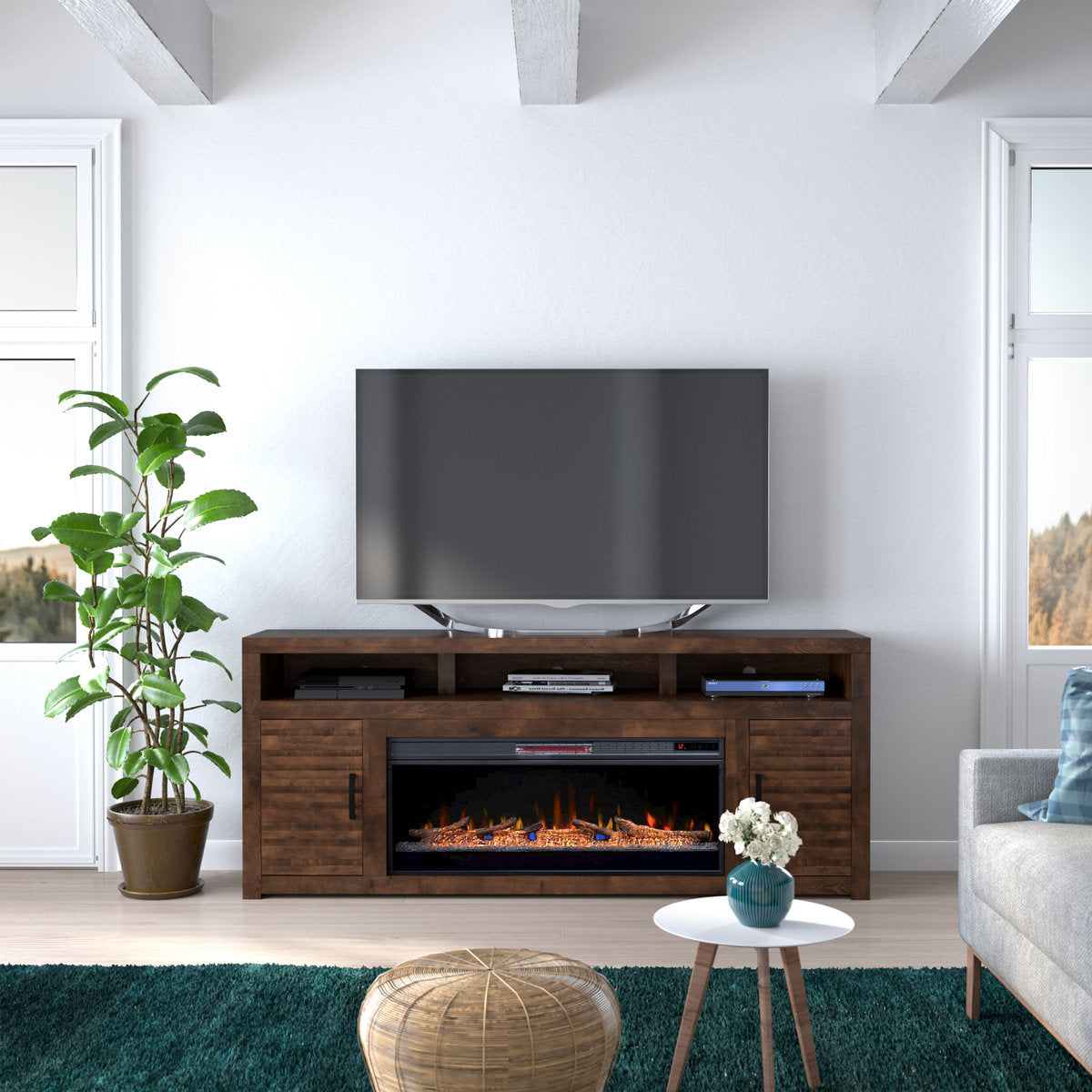 Geonna 78" Electric Fireplace TV Stand Console - Whiskey Brown Finish SHOWROOM ITEM