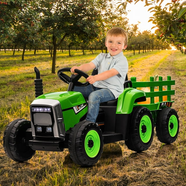 12V Kids Battery Powered Electric Tractor with Trailer, Toddler Ride On Car w/ Remote Control, 7-LED Headlights, 2+1 Gear Shift, MP3 Player USB Port for Kids 3-6 Years