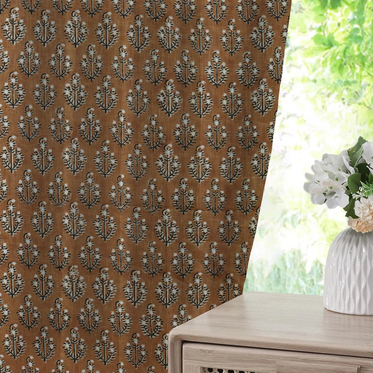 Hand Block Print Brown or Black Floral Pinch Pleated Curtain