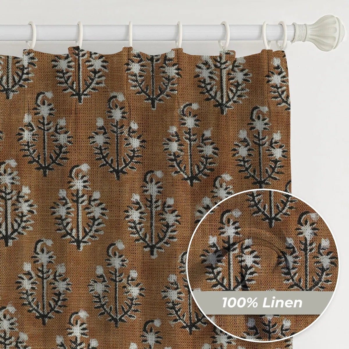 Hand Block Print Brown or Black Floral Pinch Pleated Curtain