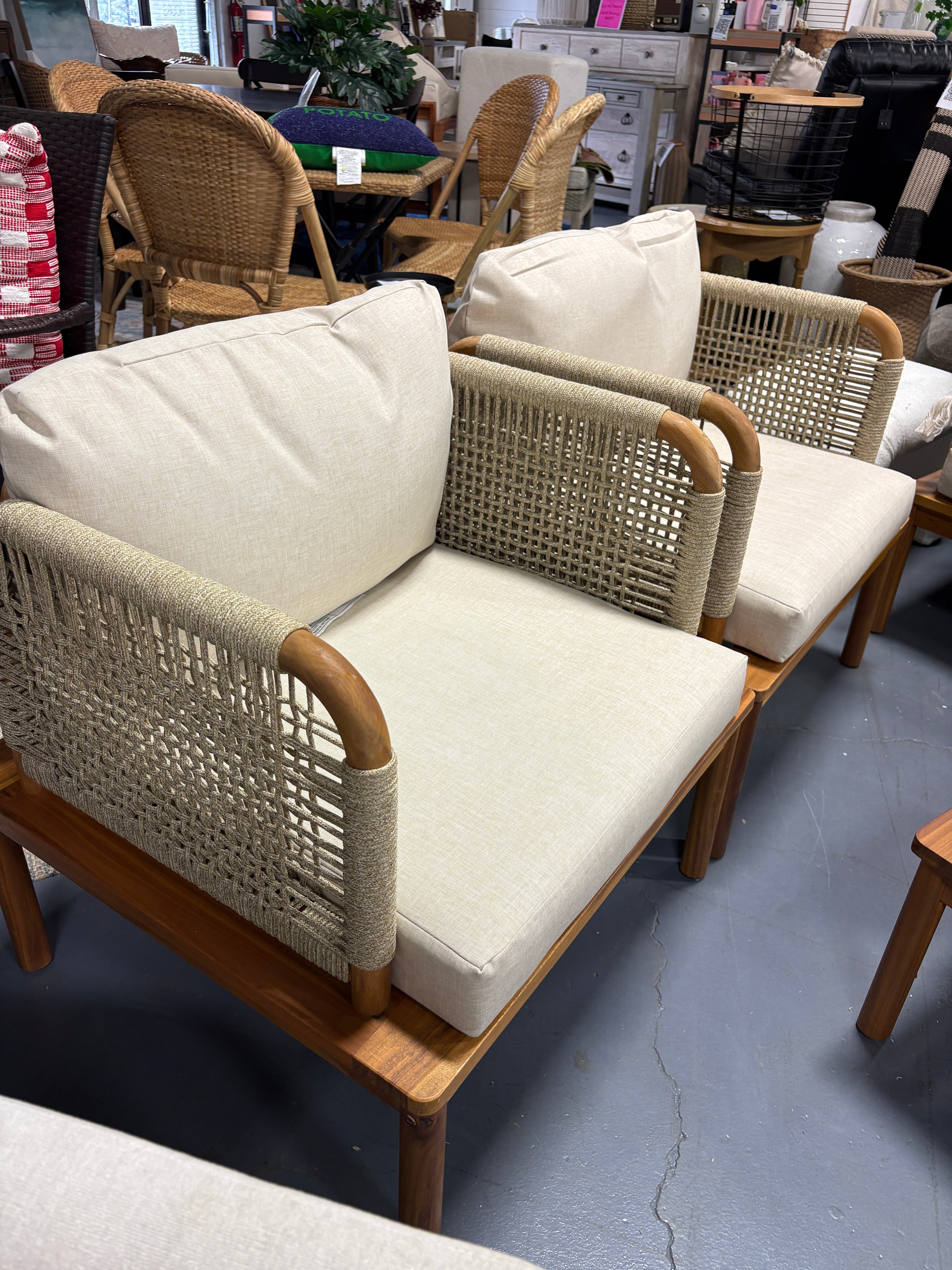 5-Piece Outdoor Patio L-Shaped Acacia Wood Rope Weave Sectional Sofa Set with 2 Chairs SHOWROOM ITEM