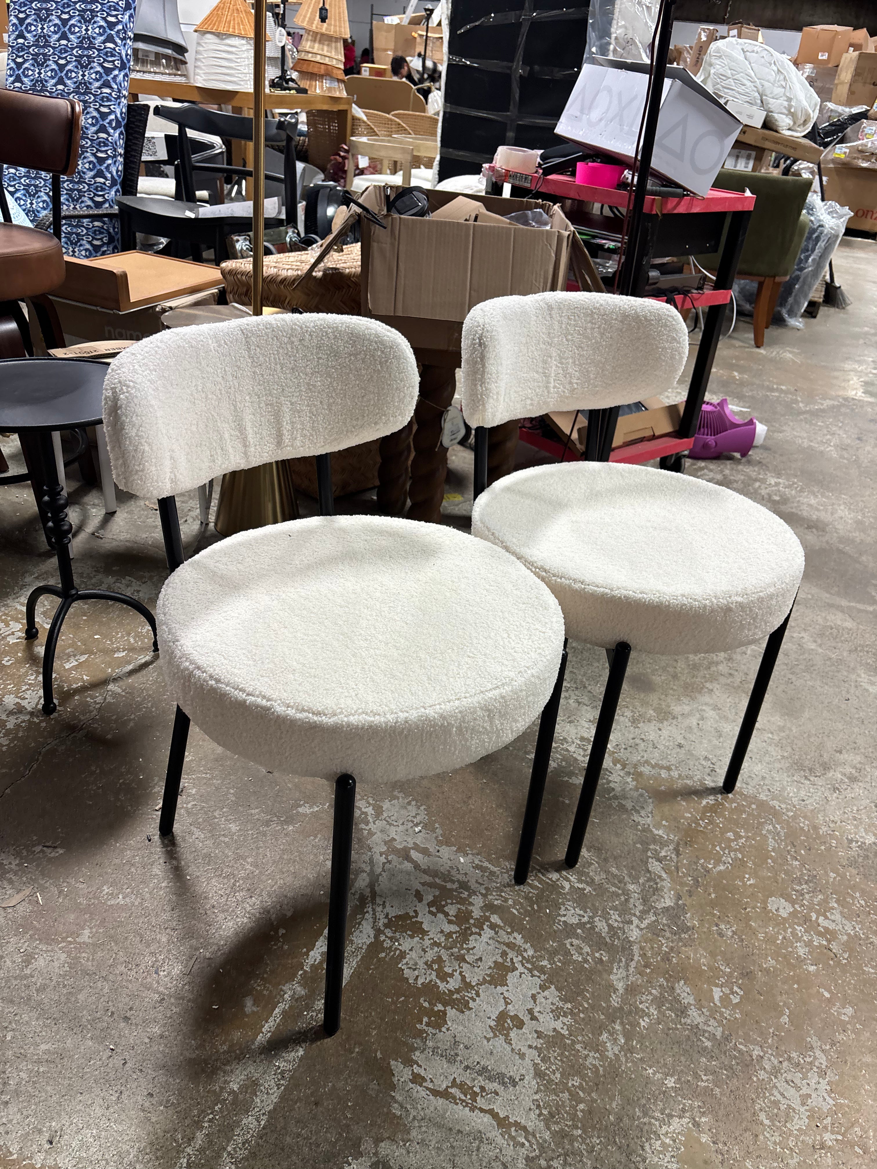 (Set of 2) Burbank Modern Round Boucle Dining Chairs - White SHOWROOM ITEM