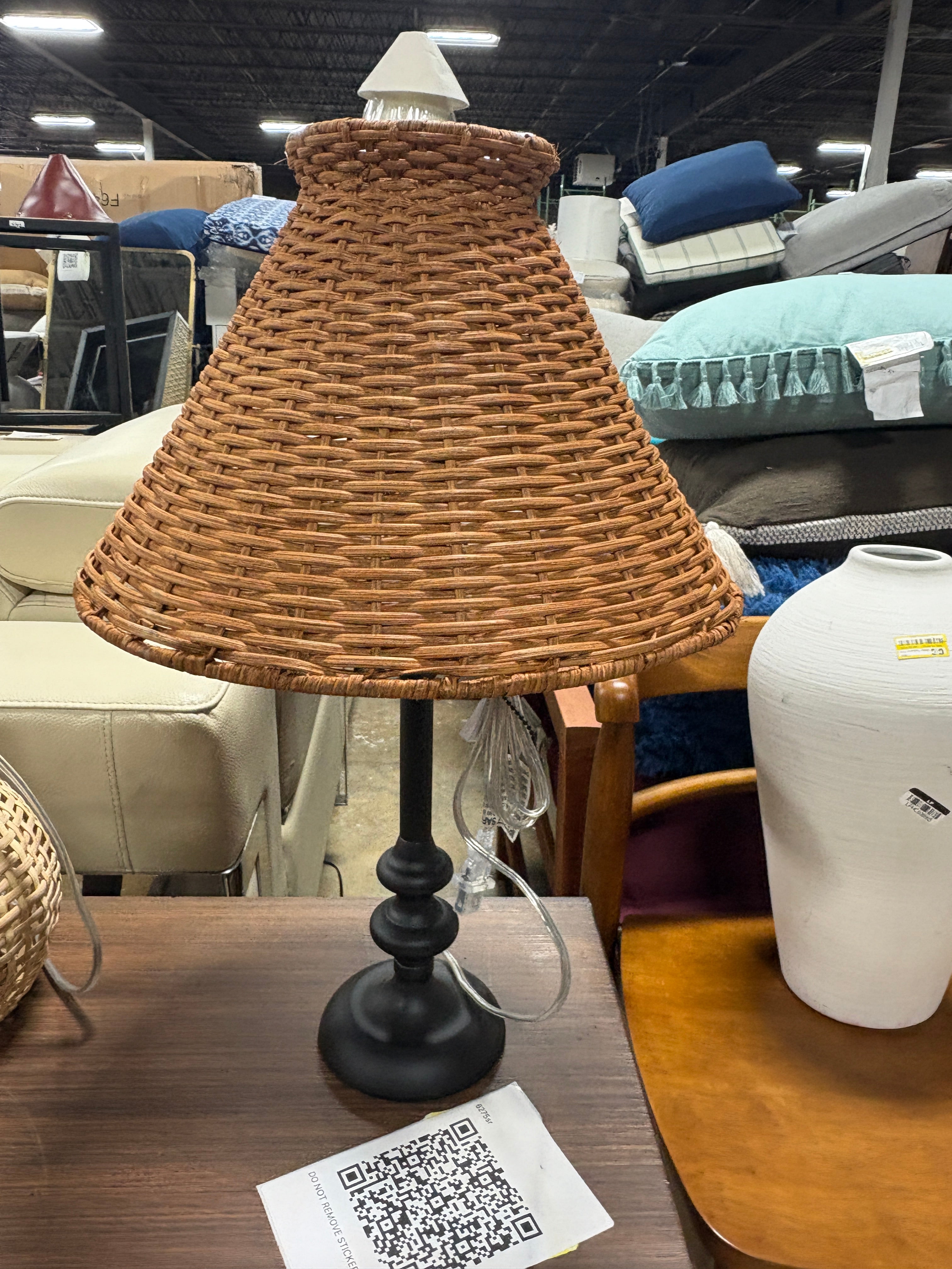 Stick Lamp Base Black with Rattan Shade SHOWROOM ITEM