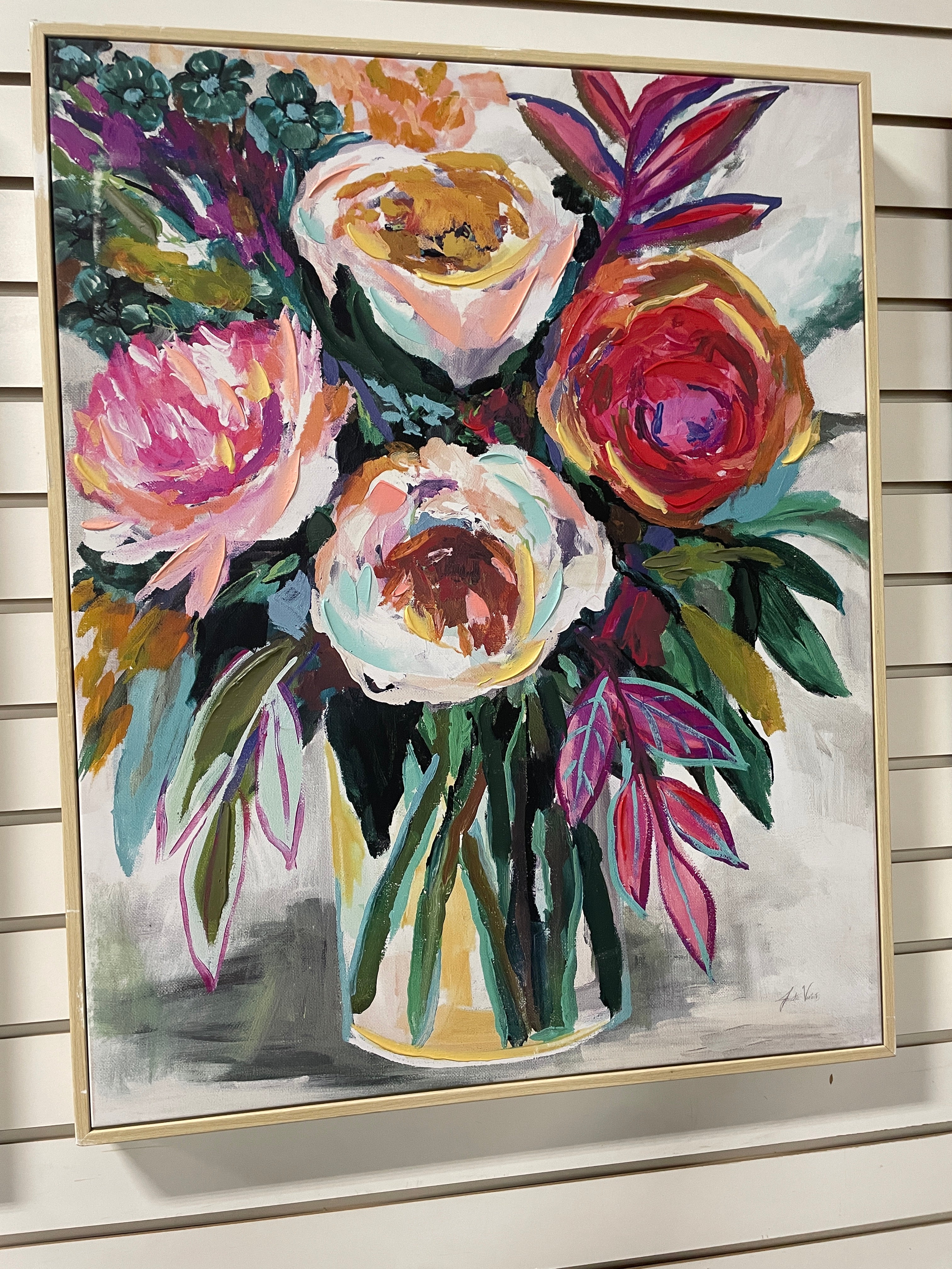24" x 30" Colorful Floral Framed Canvas Natural SHOWROOM ITEM