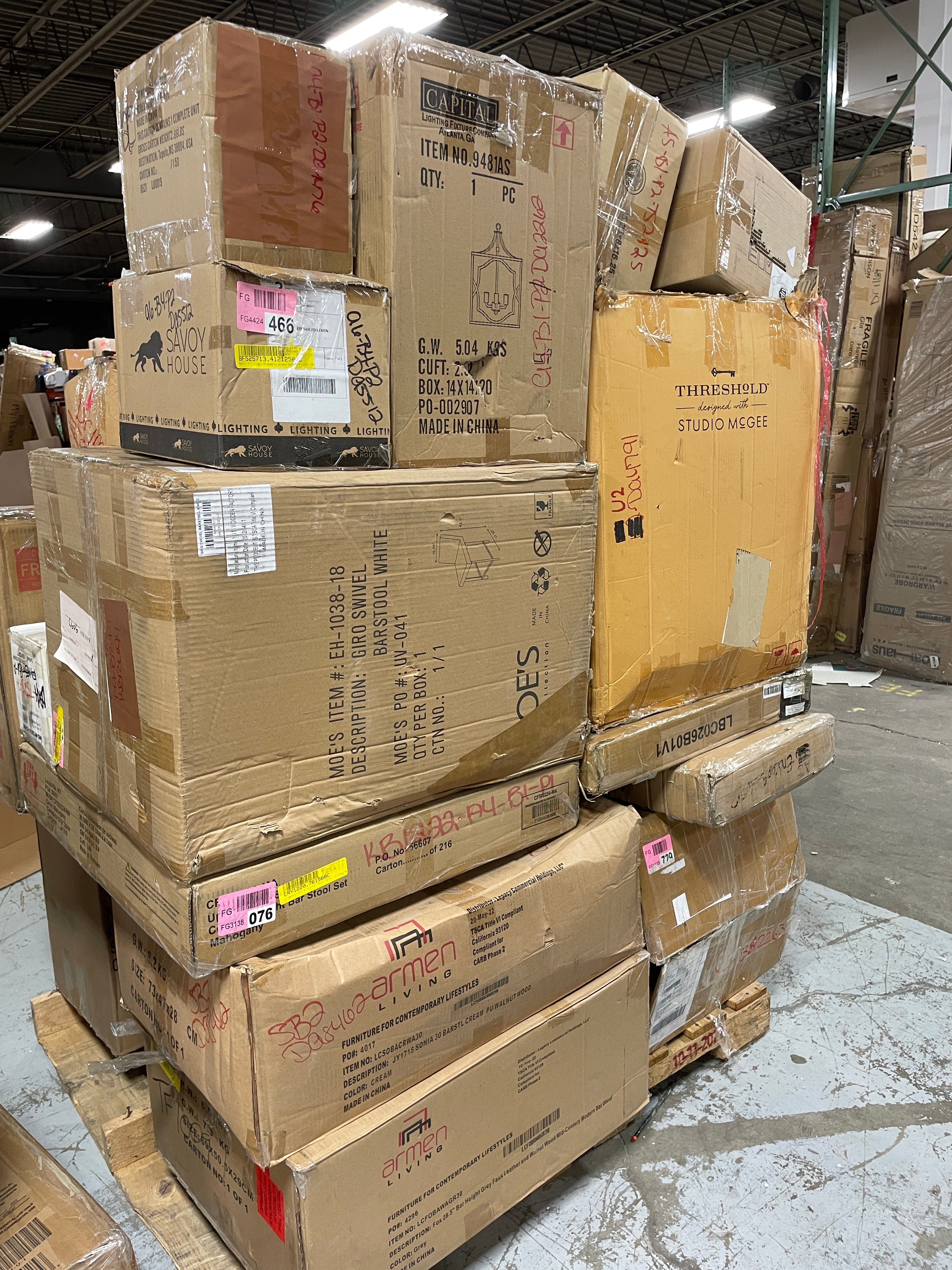 1 pallet of mixed chairs, stools, lighting, home decor, mixed goods