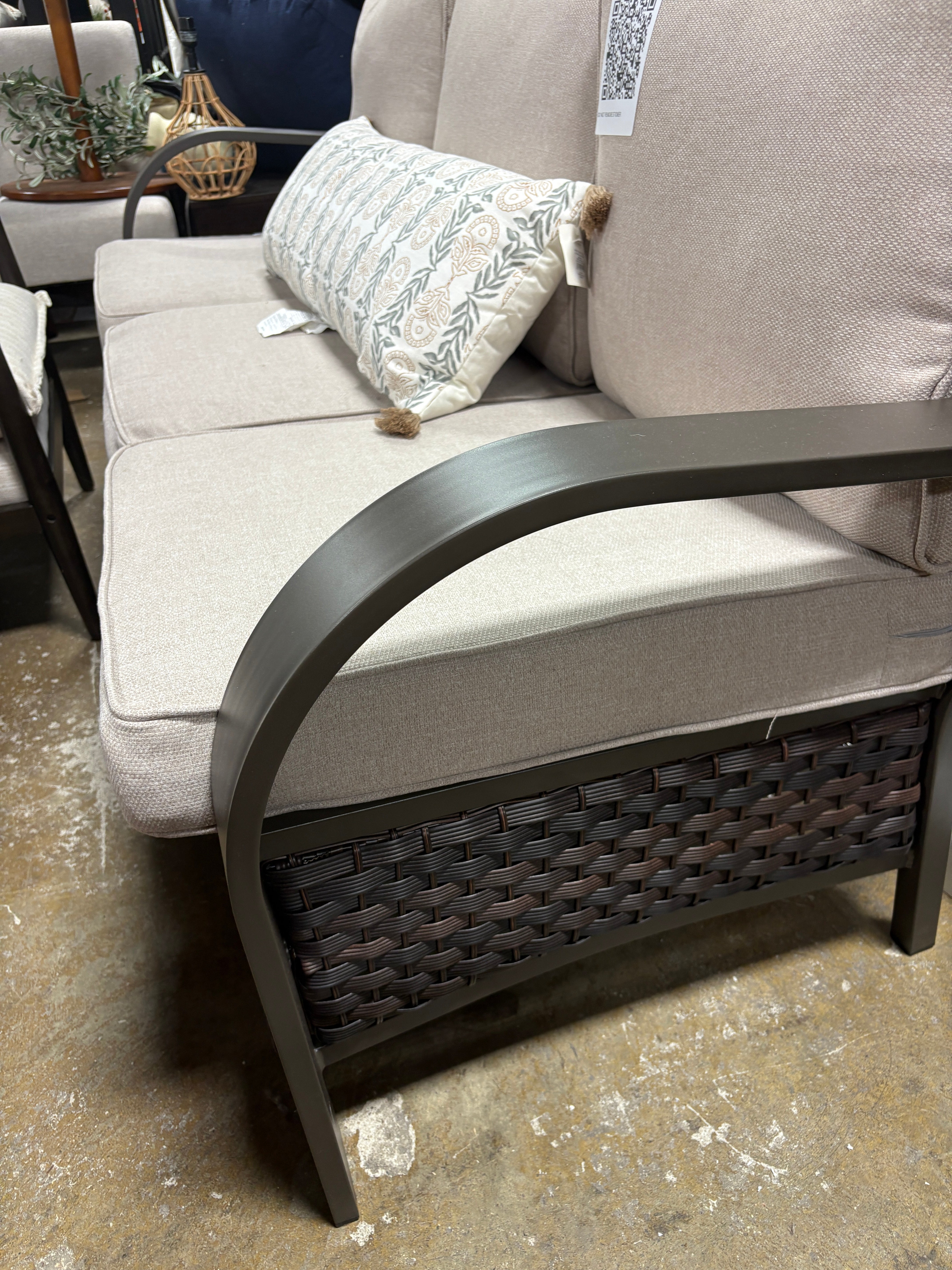 Rilyson B-Bend Wicker Outdoor Sofa with Beige Cushions and Wicker Frame - SHOWROOM ITEM