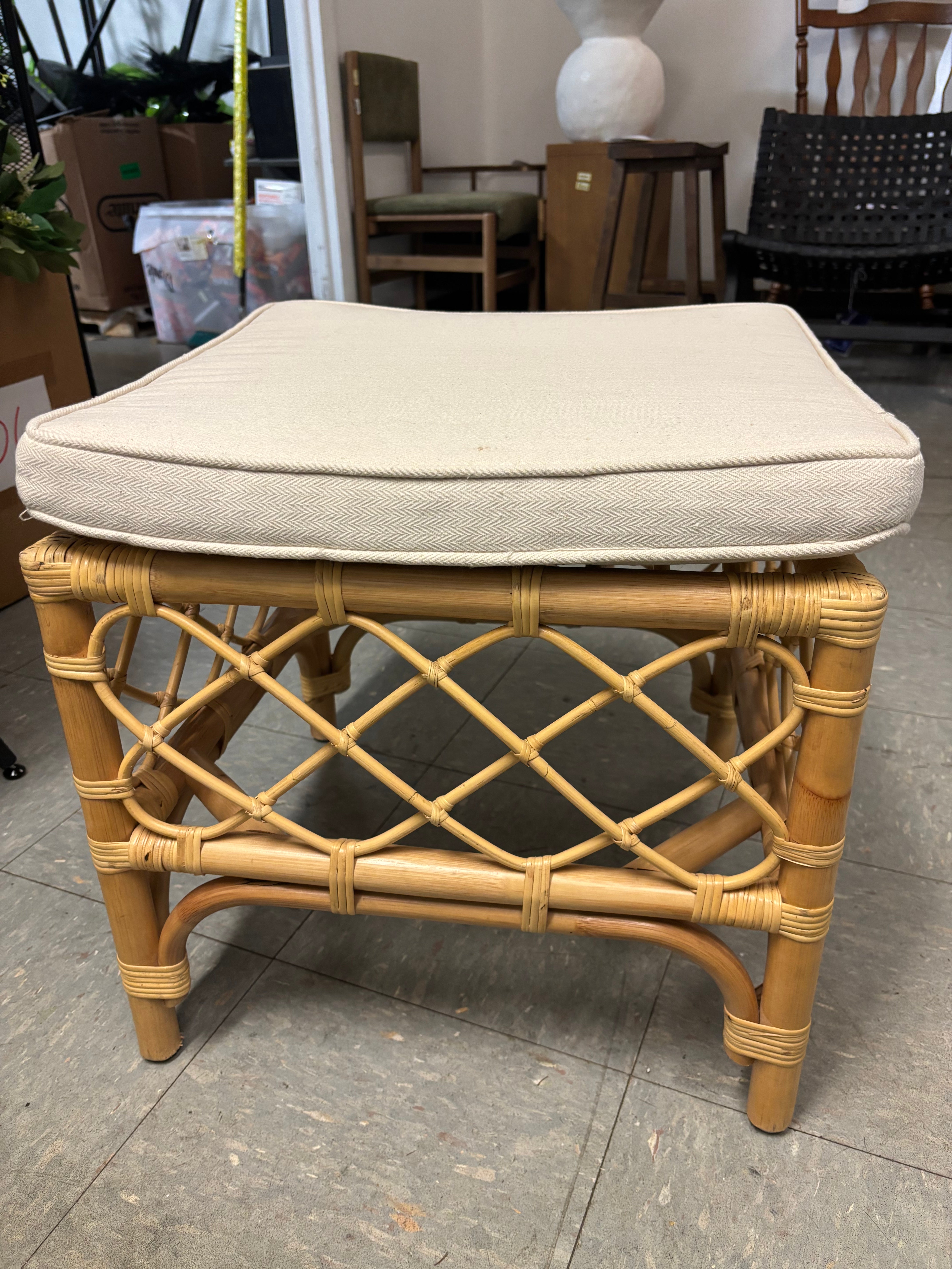 Orchard Fabric Upholstered and Rattan Ottoman White/Natural SHOWROOM ITEM