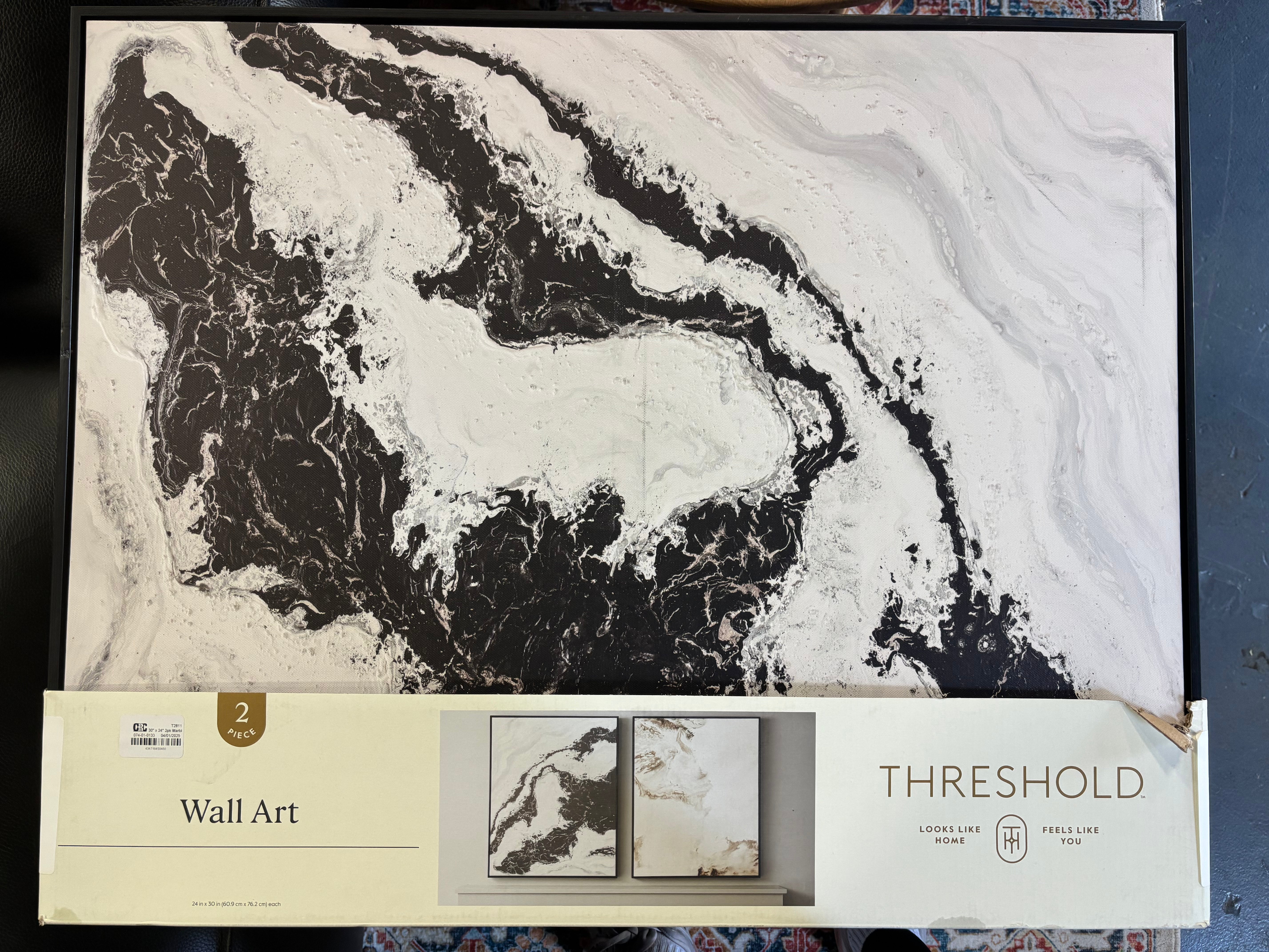 30" x 24" 2pk Marble Framed Printed Canvases Black/Tan SHOWROOM ITEM