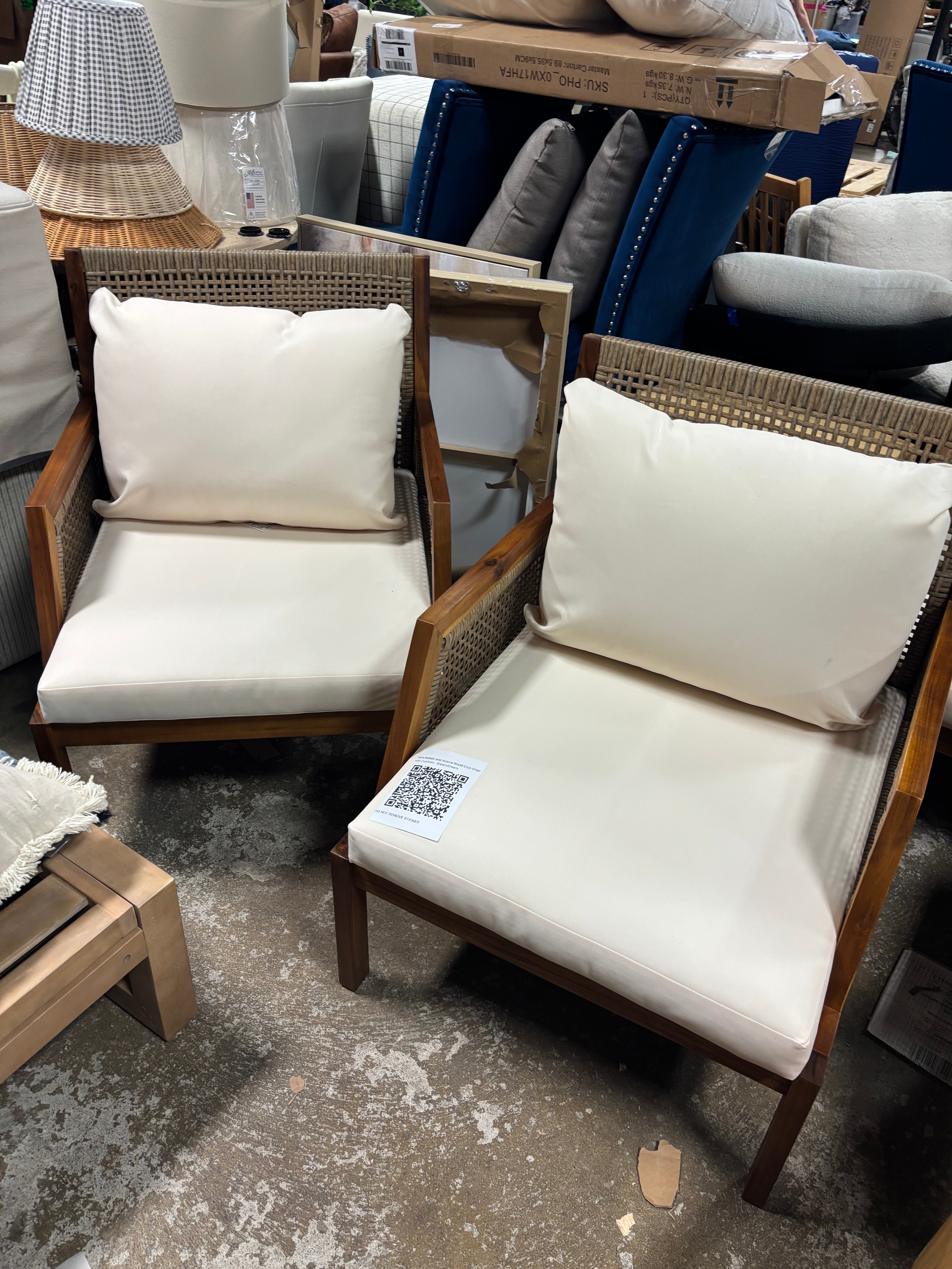 (Set of 2) Patio Rattan and Acacia Wood Club Chair with Cushion - Brown/Cream SHOWROOM ITEM