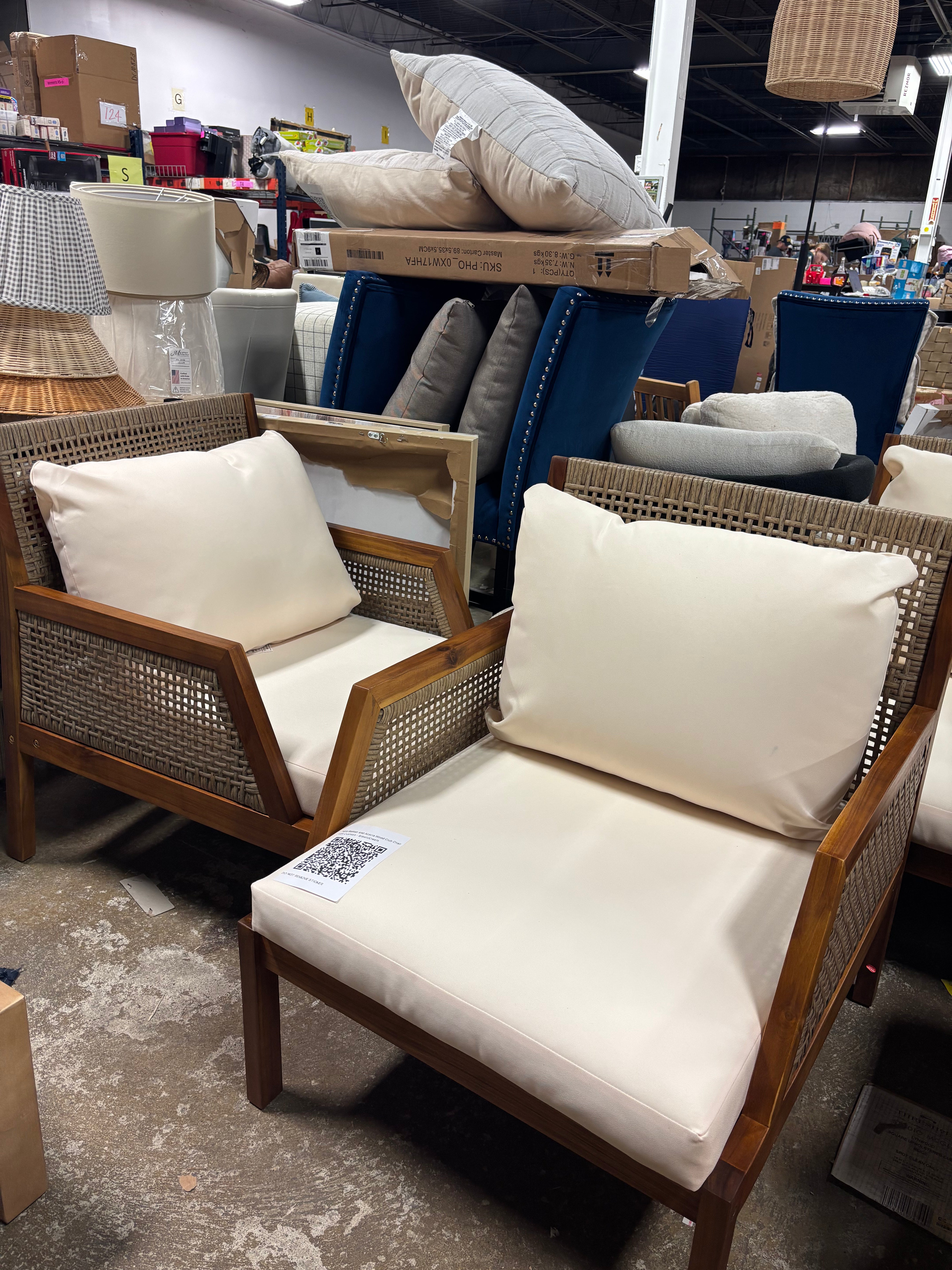 (Set of 2) Patio Rattan and Acacia Wood Club Chair with Cushion - Brown/Cream SHOWROOM ITEM
