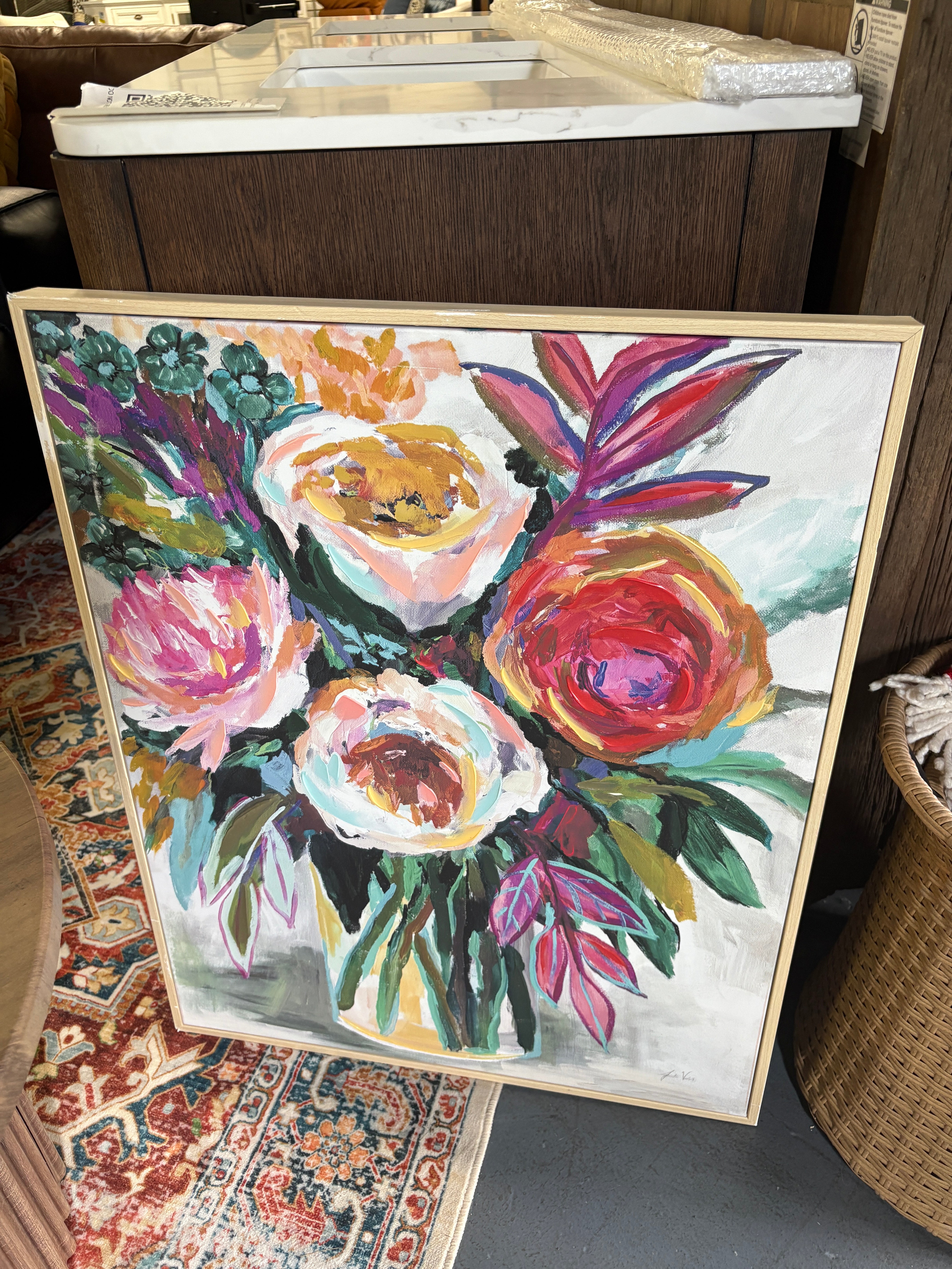 24" x 30" Colorful Floral Framed Canvas Natural SHOWROOM ITEM