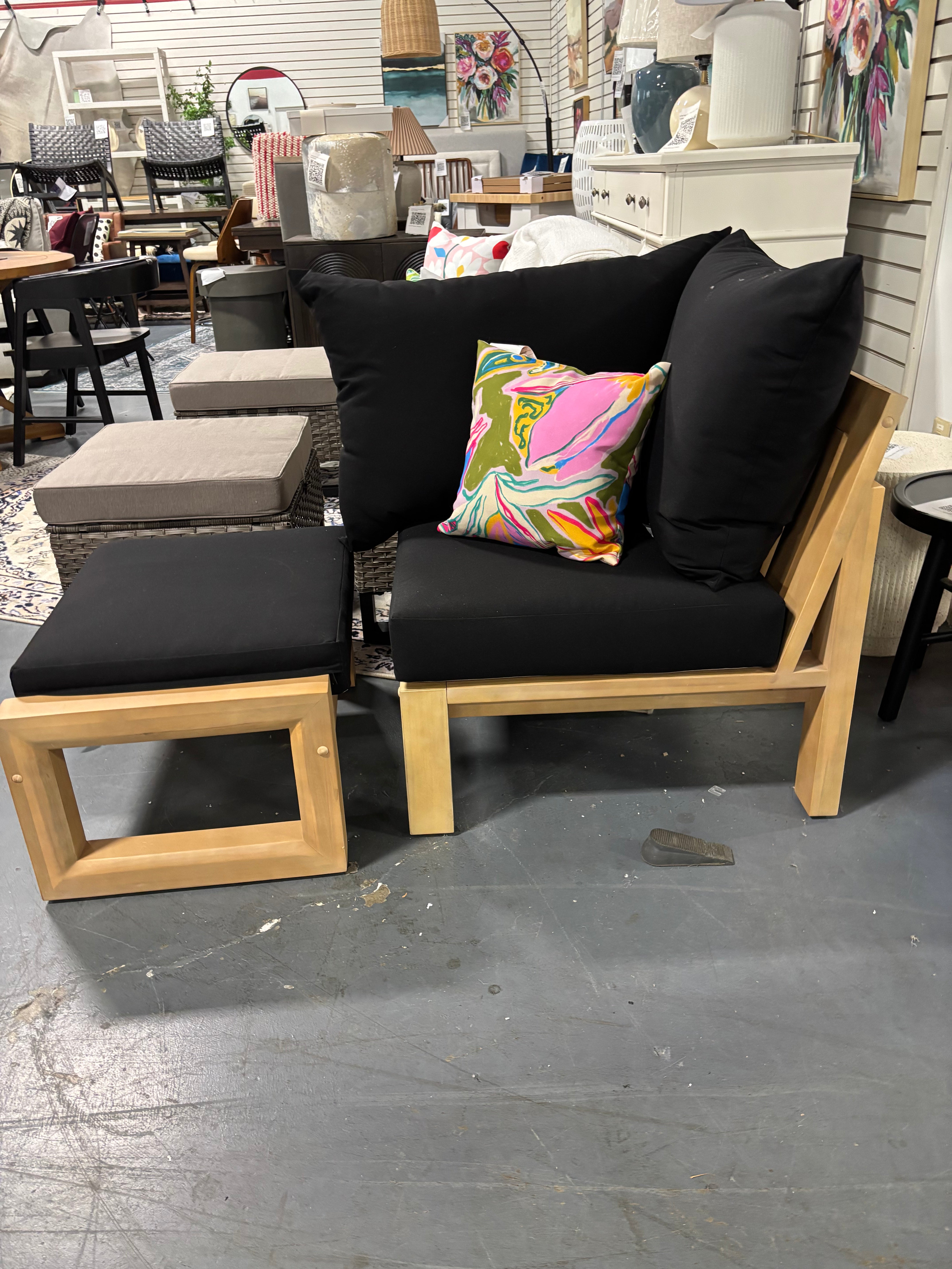 2pc Benson Patio Corner Chair and Ottoman - Black SHOWROOM ITEM