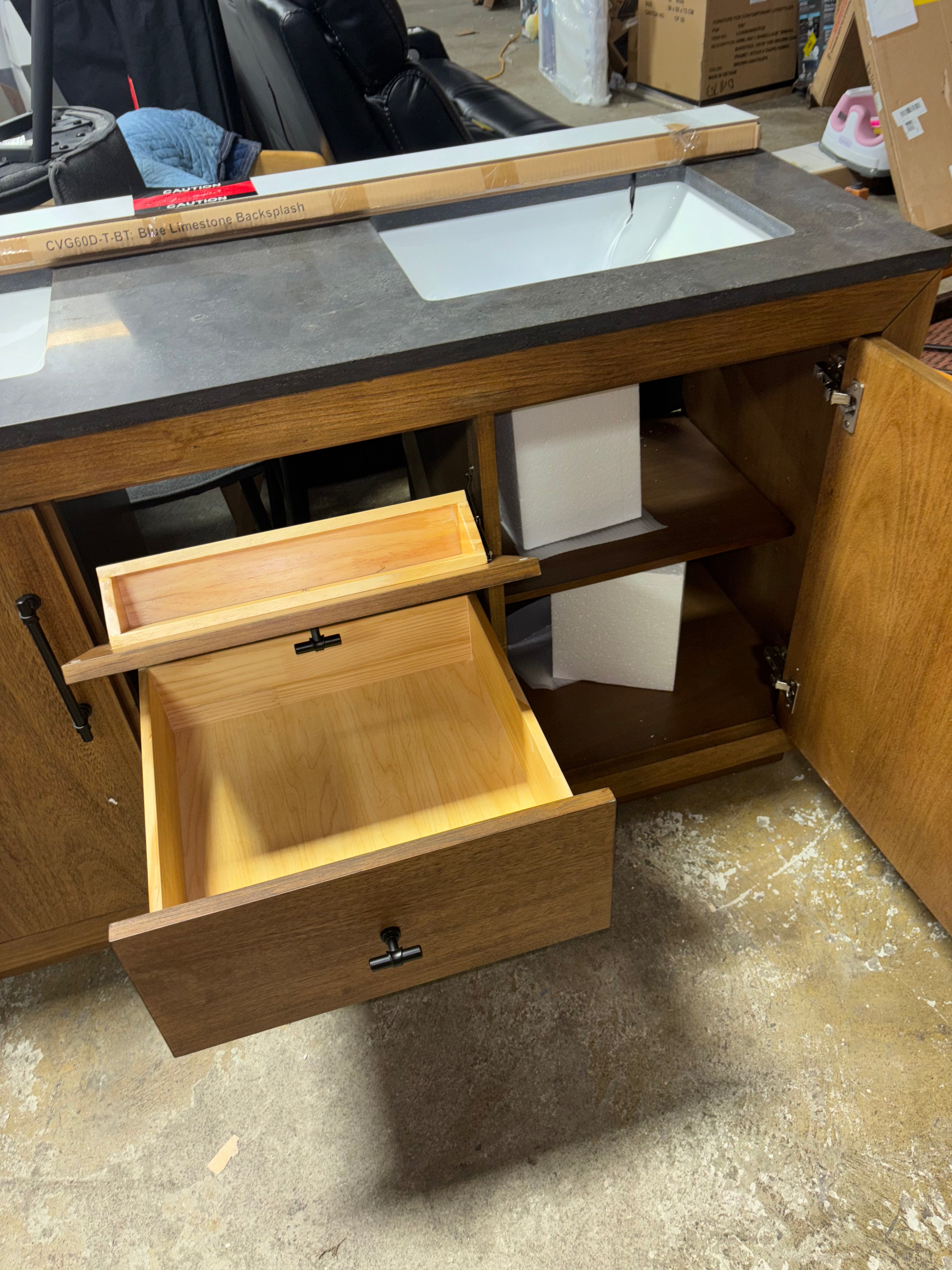 60" Double Bathroom Vanity Set with Top - Tan & Black Limestone SHOWROOM ITEM