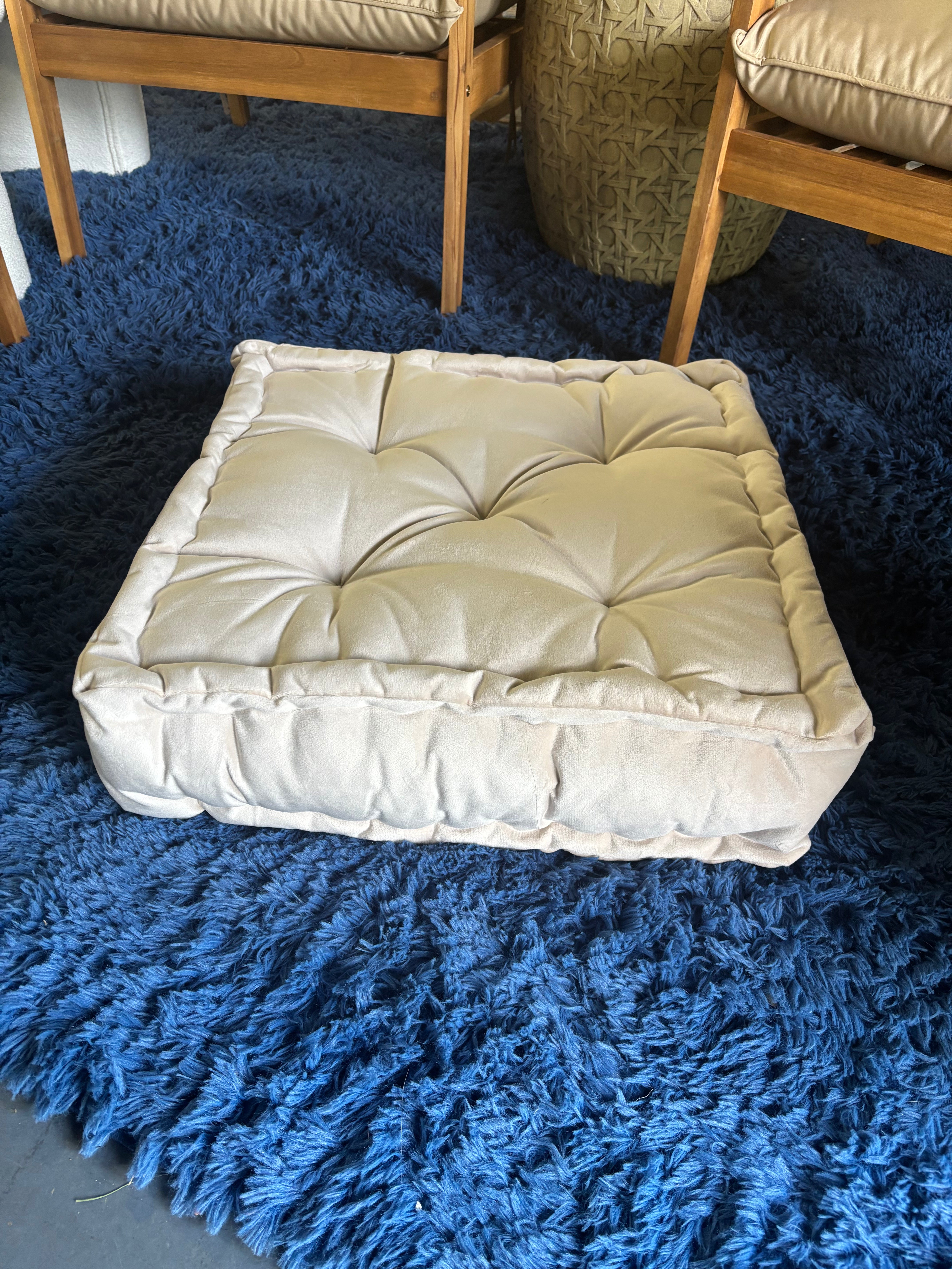 20"x20" Oversized Square Tufted Floor Pillow in Faux Velvet Fabric - Ivory SHOWROOM ITEM