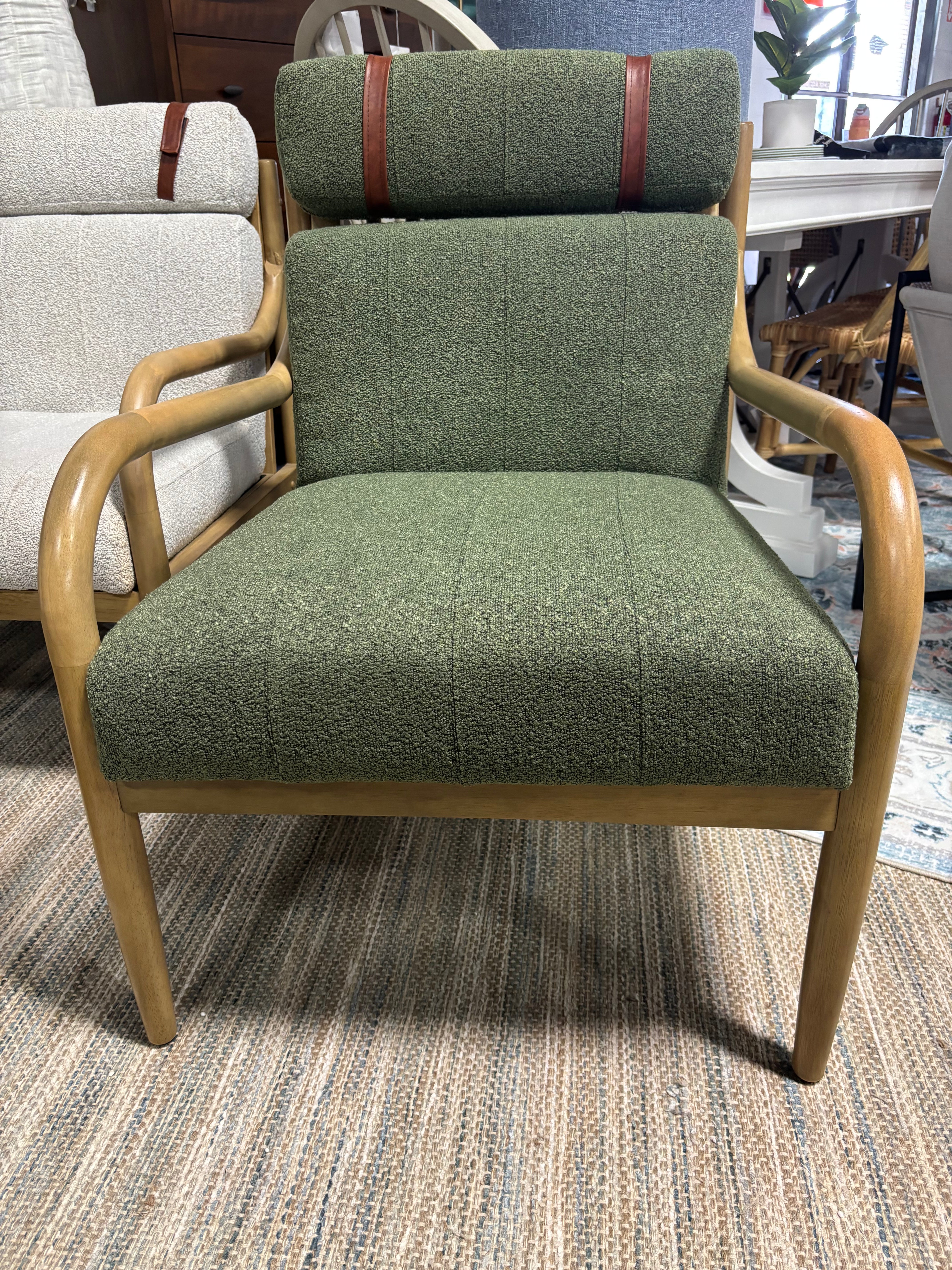 Boucle Upholstered Wood Accent Arm Chair - Olive Green SHOWROOM ITEM