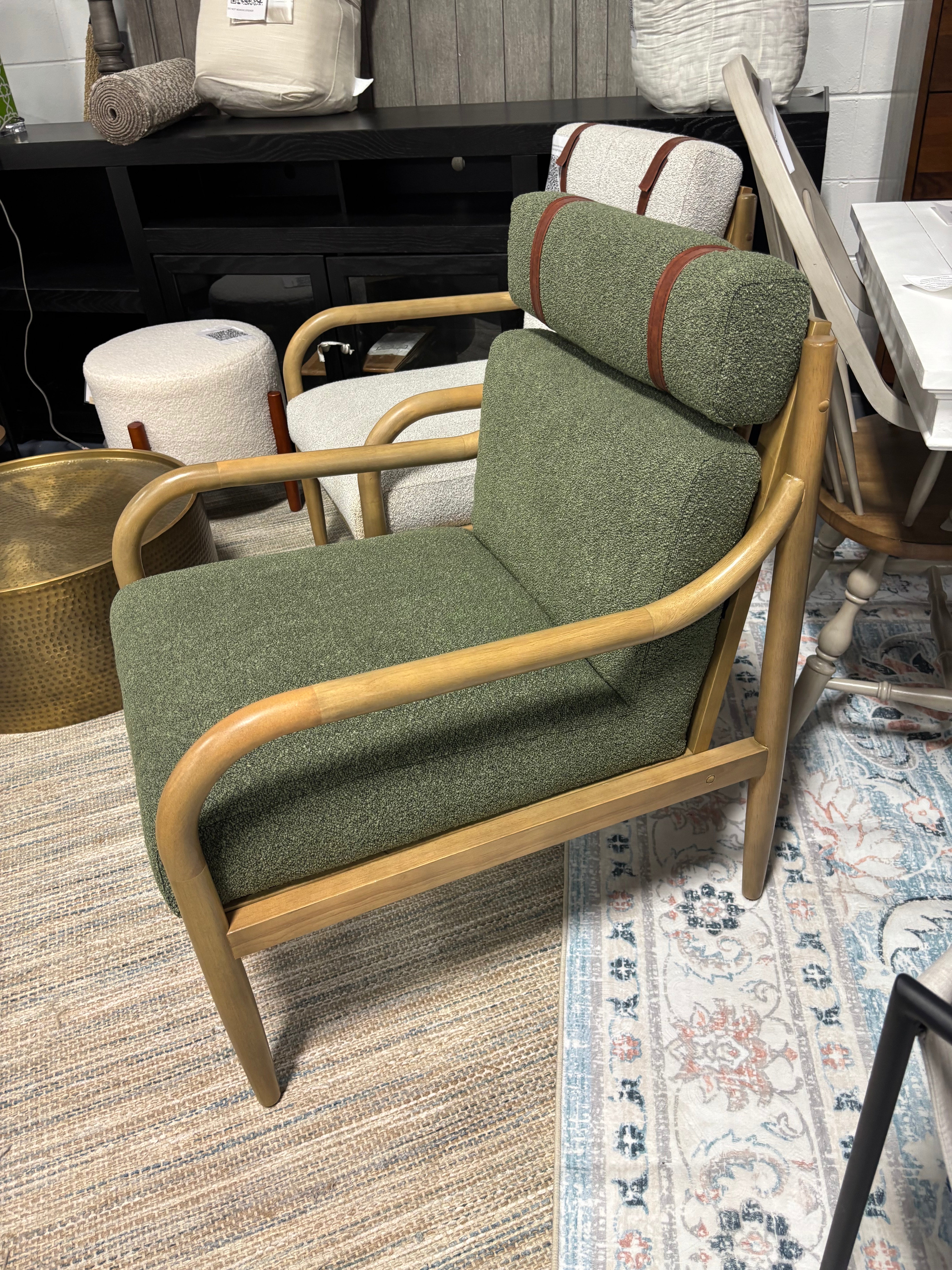 Boucle Upholstered Wood Accent Arm Chair - Olive Green SHOWROOM ITEM
