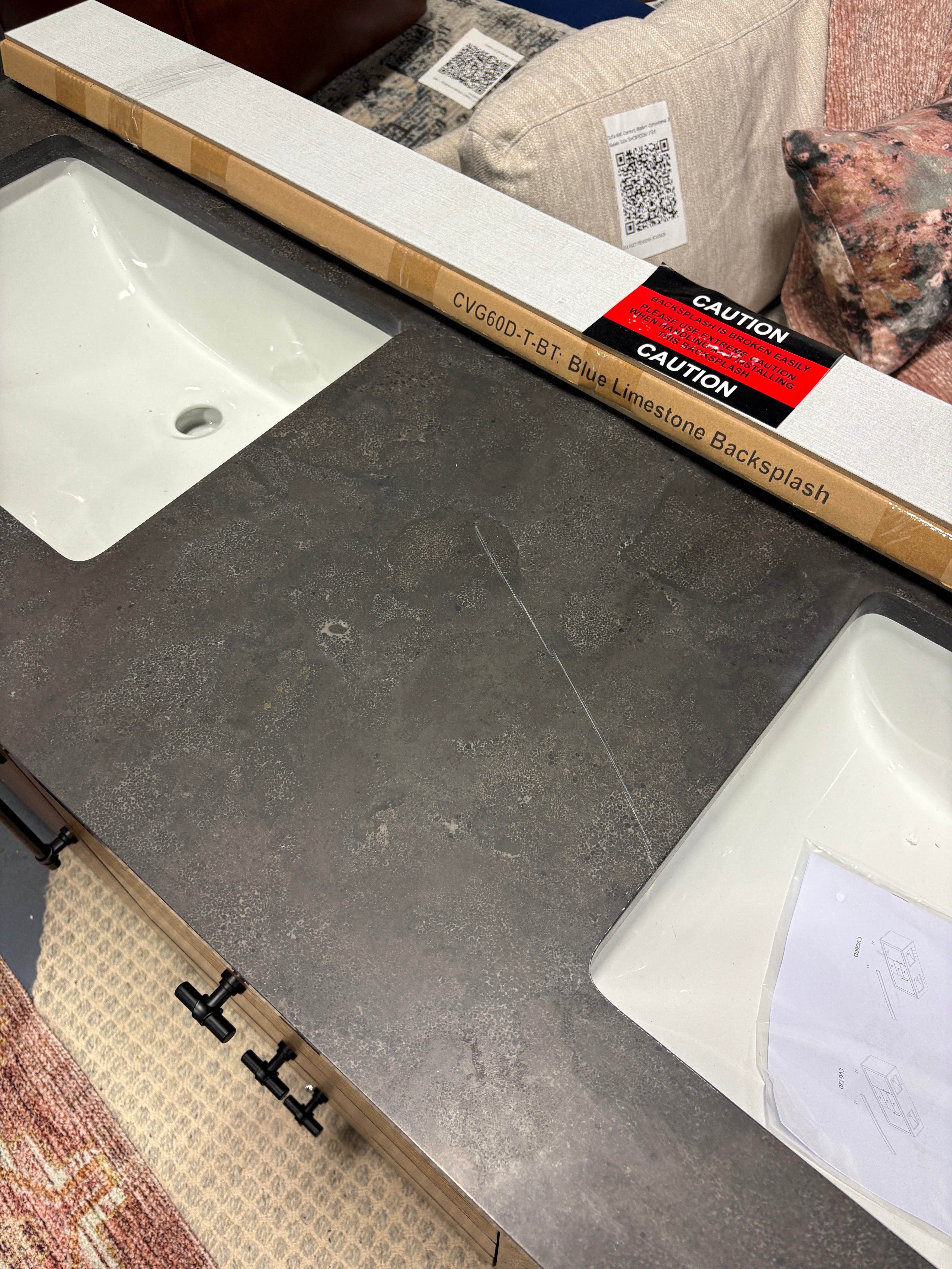 60" Double Bathroom Vanity Set with Top - Tan & Black Limestone SHOWROOM ITEM
