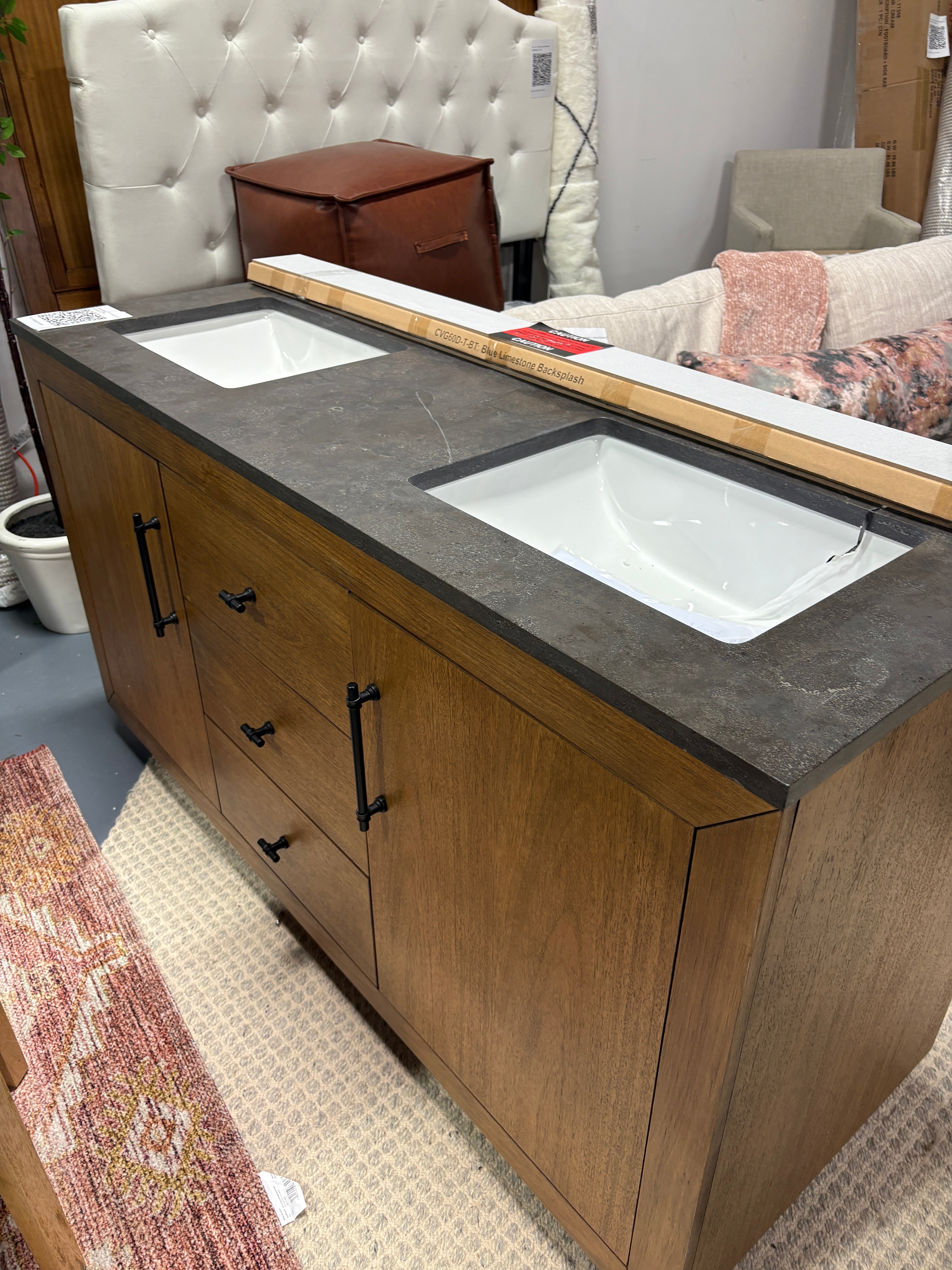 60" Double Bathroom Vanity Set with Top - Tan & Black Limestone SHOWROOM ITEM