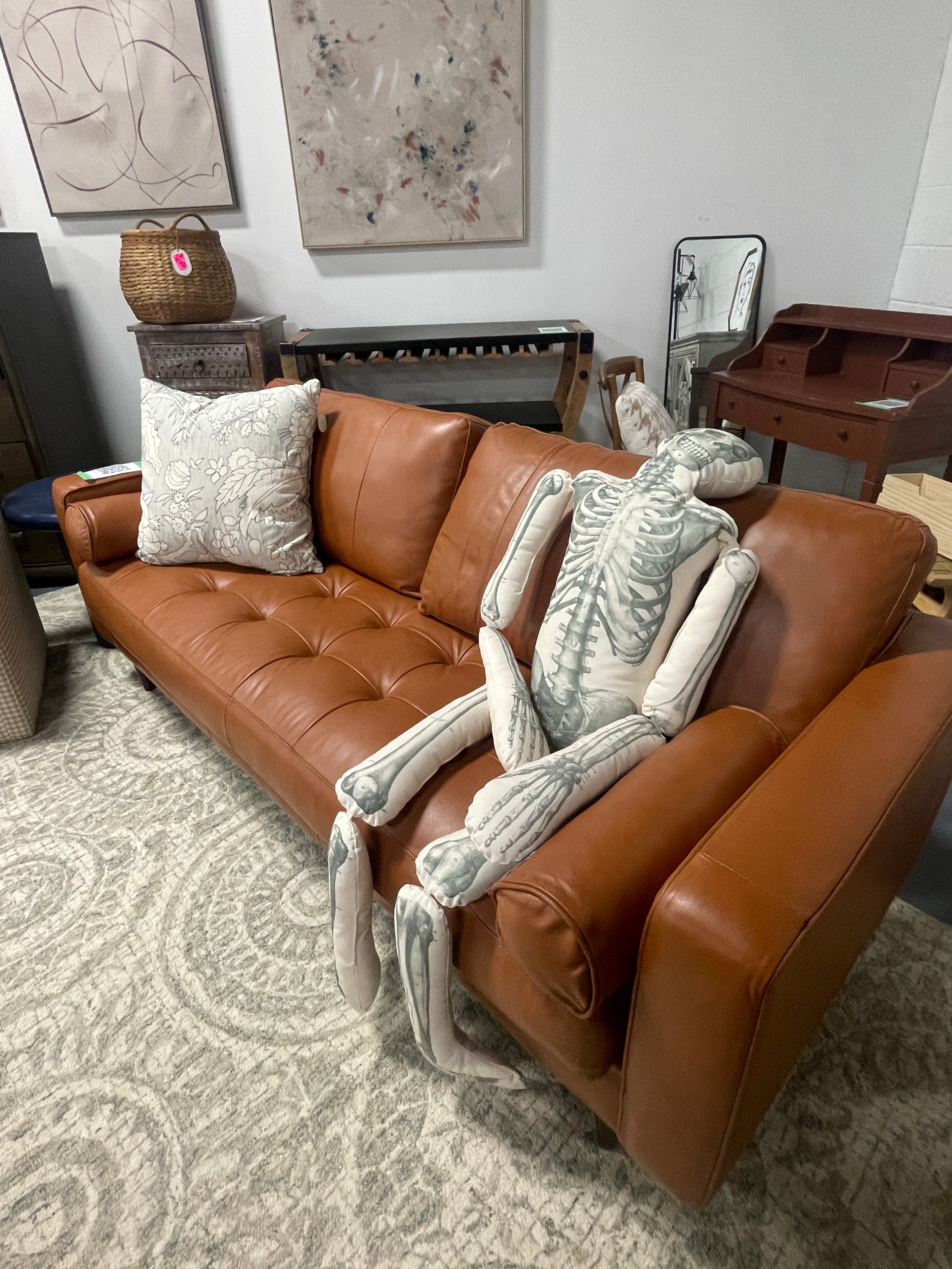 MAKLAINE 88.5" W Mid-Century Leather Fitted Back Sofa SHOWROOM ITEM