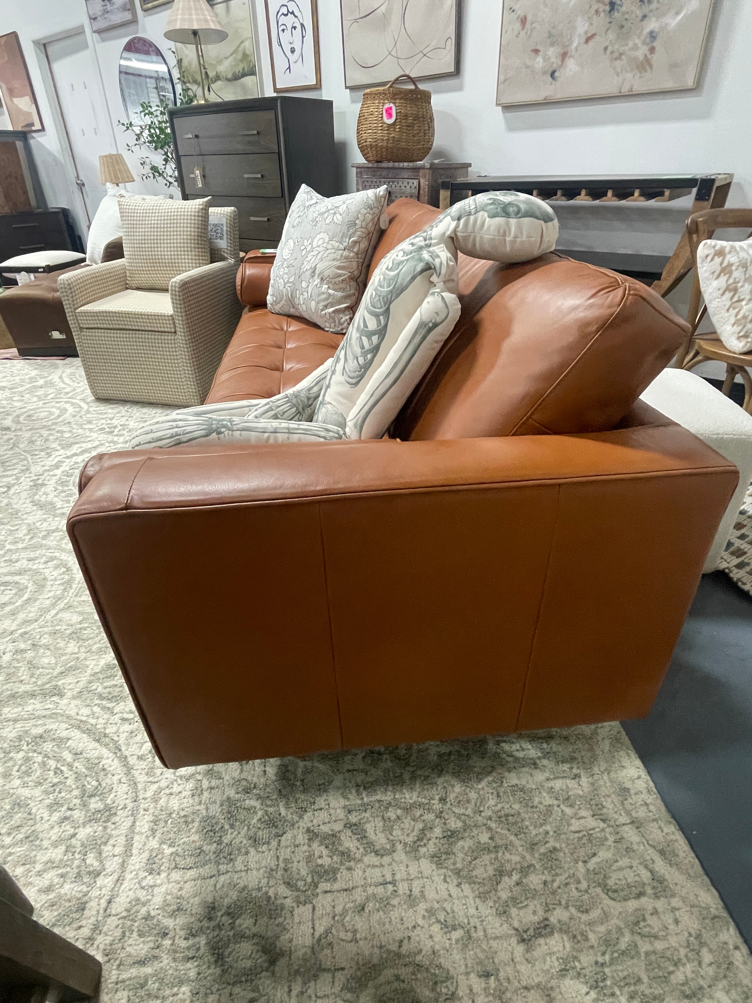 MAKLAINE 88.5" W Mid-Century Leather Fitted Back Sofa SHOWROOM ITEM