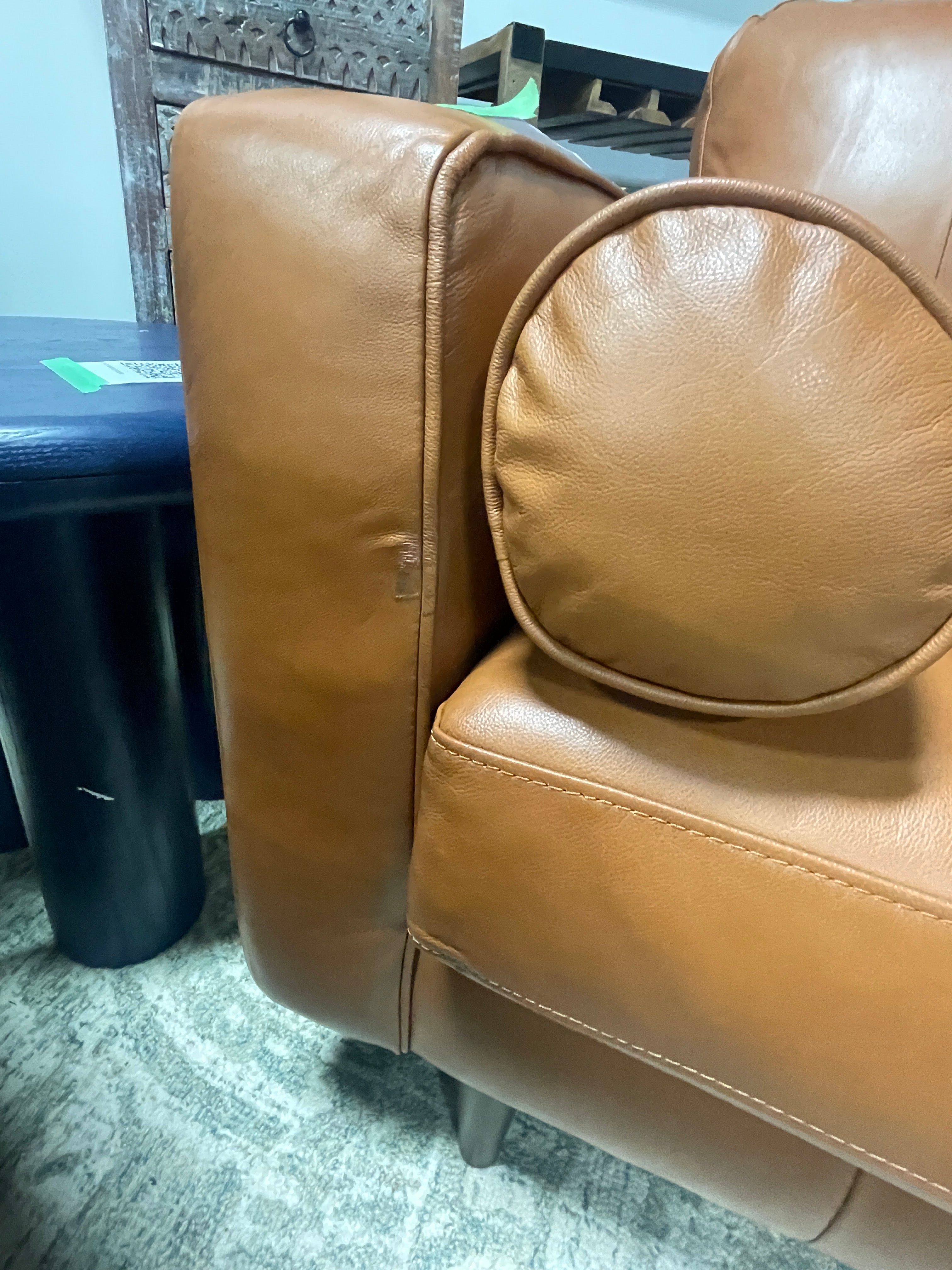 MAKLAINE 88.5" W Mid-Century Leather Fitted Back Sofa SHOWROOM ITEM
